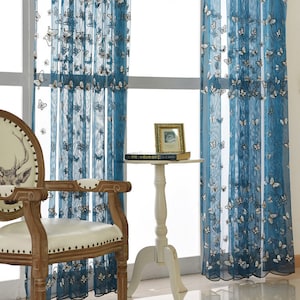 Custom Pair Sheer Curtain,Vintage Flying Butterfly Embroidered on Blue Lace Sheer Curtain Fabric,Butterfly Curtain Panels,Butterfly Curtains