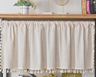 2 Panels Linen Cafe Curtains| Organic Natural Beige Slub Linen Cotton Curtain Ivory White Tassels Trim |Kitchen Curtains,Slub Curtain,