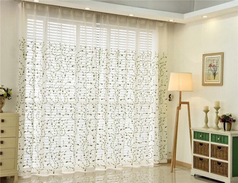 Custom Curtains Green/Ivory Floral Branches Embroidered on Lace Sheer Curtain Fabric,Custom Sheer Curtain Panels Living Room, Decal image 5