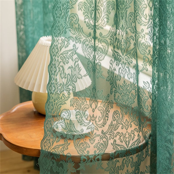 Romantic French Dark Green Vertical Flowers Vines Lace Jacquard Hollow Sheer Curtain Wave Opening,Bedroom Curtain,Girl Guest Living Bedroom