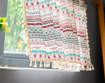 Linen Cafe Curtains (Pair): Bohemian Snowflake Jacquard with Tassels