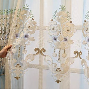 Custom High Quality Retro Velvet Gold Ribbon Europe Floral Embroidered on Cream Lace Sheer Curtain,Europe Floral Sheer Curtains Embroidered