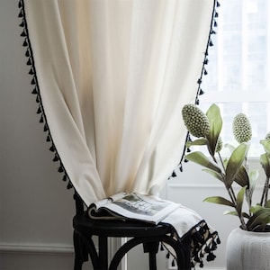 Solid Nature White Linen Cotton Semi Blind Curtain Fabric with Black Tassels Trim,Girls Room Decorations, Shade Cotton Curtains Rod Pocket