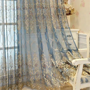 Custom Pair Curtains Quality Retro Brown Europe Floral Branches Embroidered on Blue Lace Sheer Curtain ,Cream Sheer Curtains Embroidered