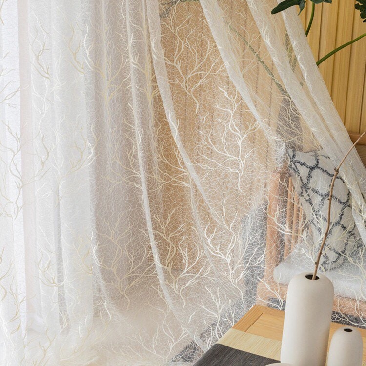 Europe White Tree Forest Random Pattern Embroidered On Europe White Tree Forest Random Pattern, Patterned Sheer Curtains