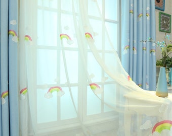 Colorful Rainbow White Cloud Embroidered on White Lace Sheer Curtain ,Child Room Decor,Custom Size,Cloud Sky Blue Blackout Curtains