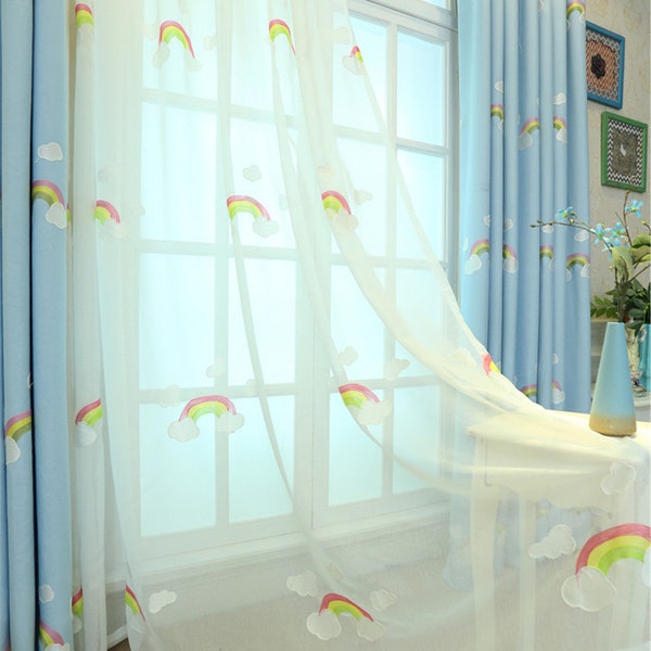 Bunte Regenbogen Weiße Wolke bestickt auf weißer Spitze Schnürvorhang,Kinderzimmer Dekor,Custom Size,Wolke Himmel Blau Verdunkelung Vorhänge