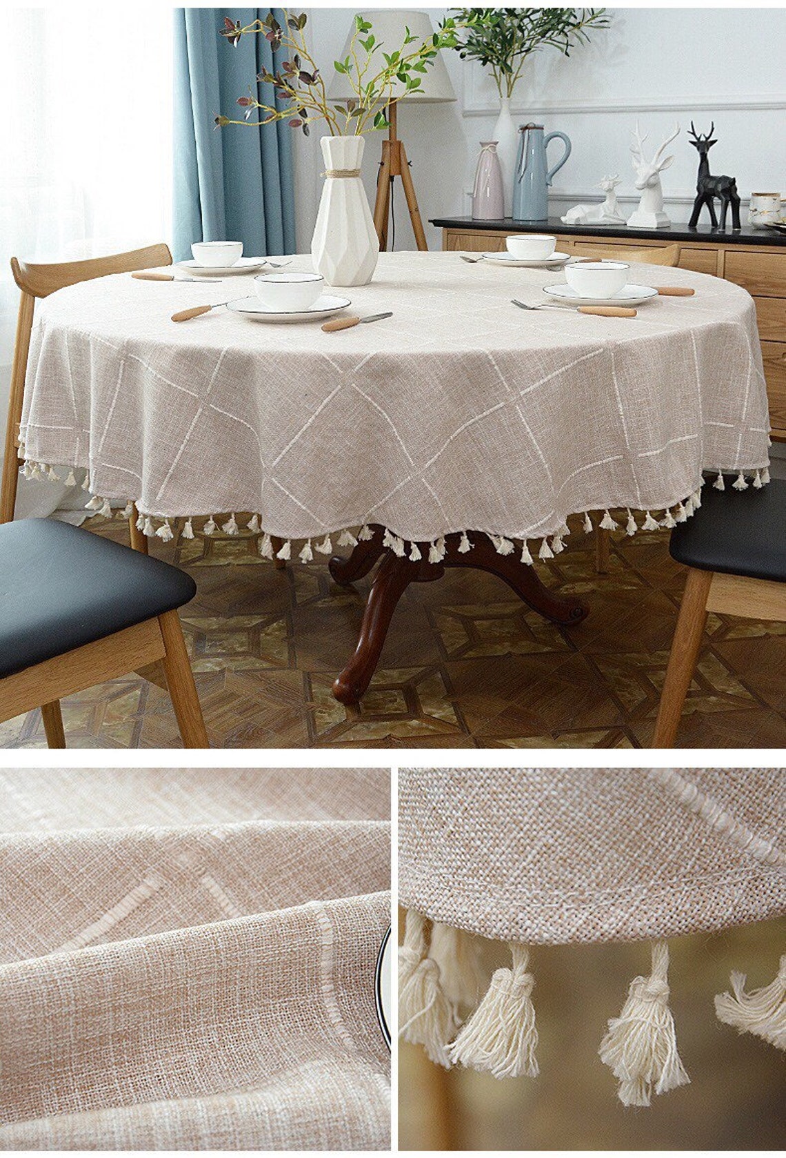 Round Table Cover Bohemia Big Khaki Grid Linen Table Cloth Etsy