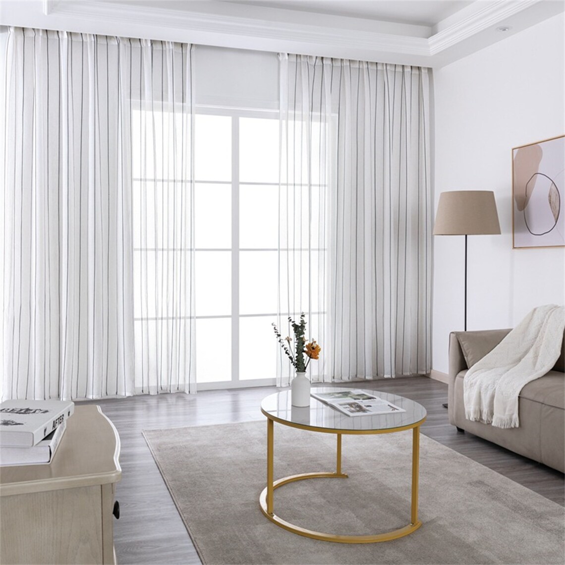 Nature White Linen Sheer Curtain Fabric With Even Wide Black Pinstripes nature-white-linen-sheer-curtain-fabric-with-even-wide-black-pinstripes