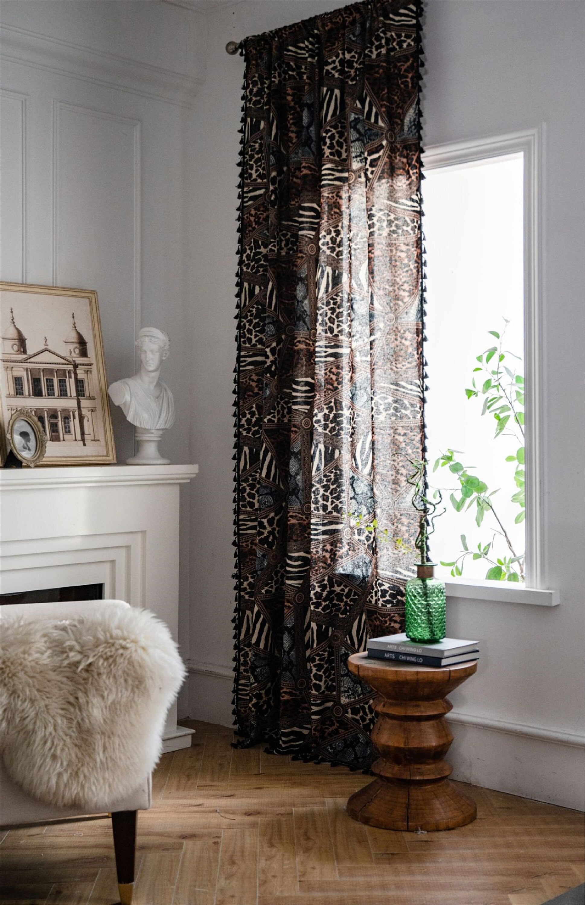 Bohemian Curtain Brown Black Grey Leopard Diamond Print Linen Etsy UK