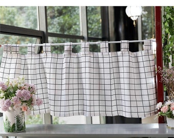 Linen Blend Cafe Curtains: Black Checkered Print, Tab Top (2 Panels)