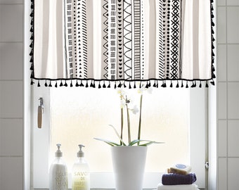 Sewing Fee For Black Geometric Designing Printing on Nature White Linen Cotton Curtain Black Tassels