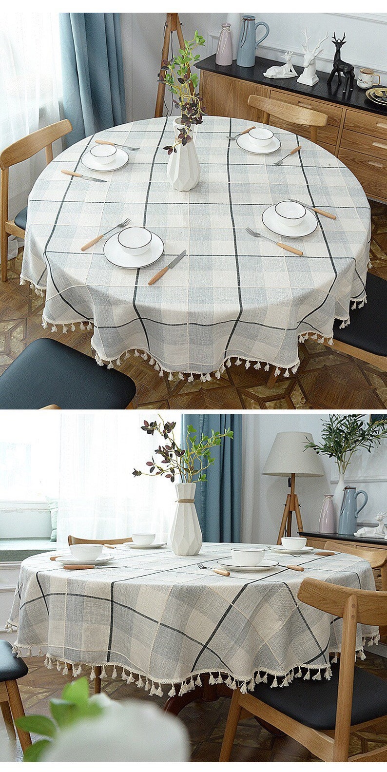 Round Table Cover Bohemia Big Khaki Grid Linen Table Cloth Etsy