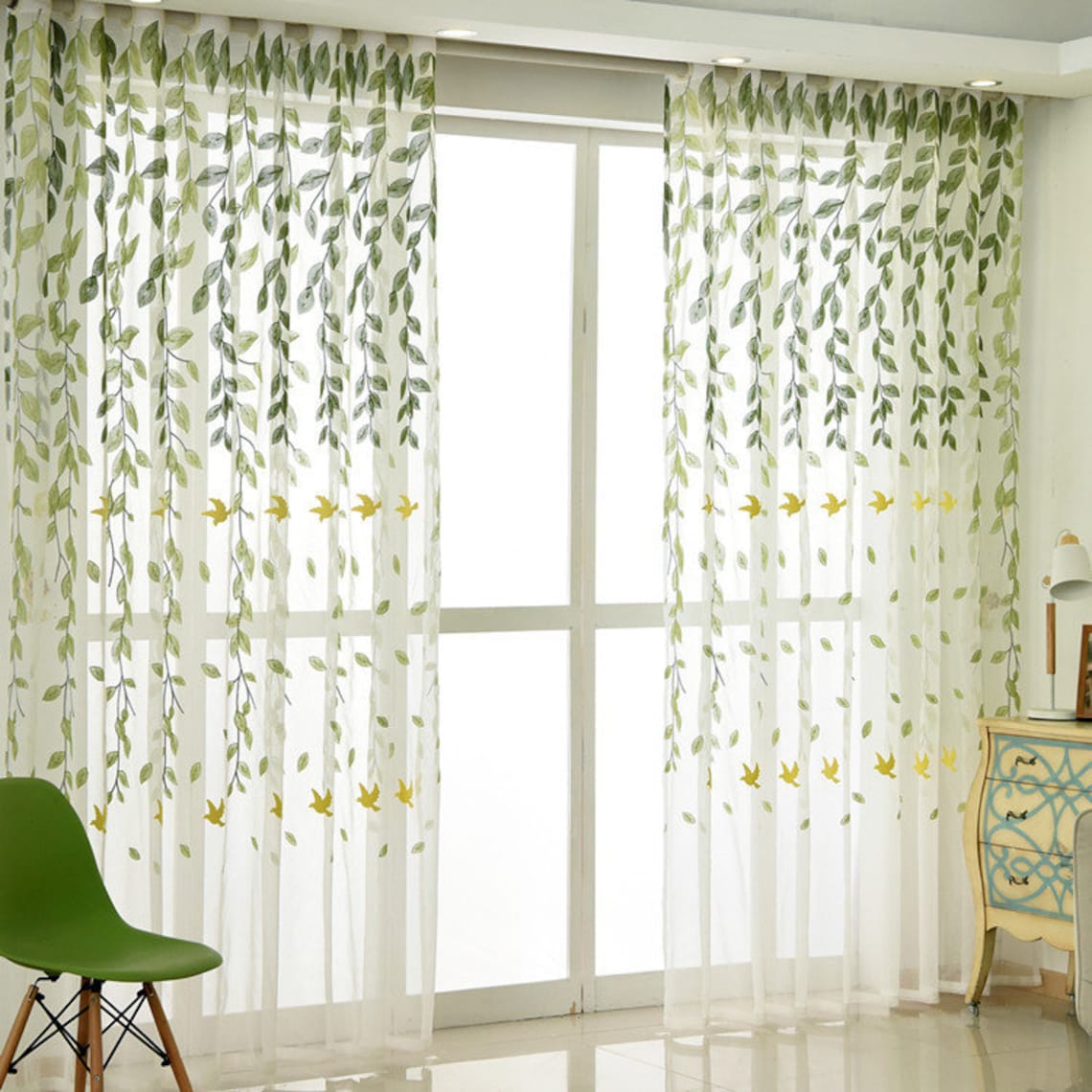 Green Leaves Embroidered Sheer Curtain FabricFlying Swallow Etsy