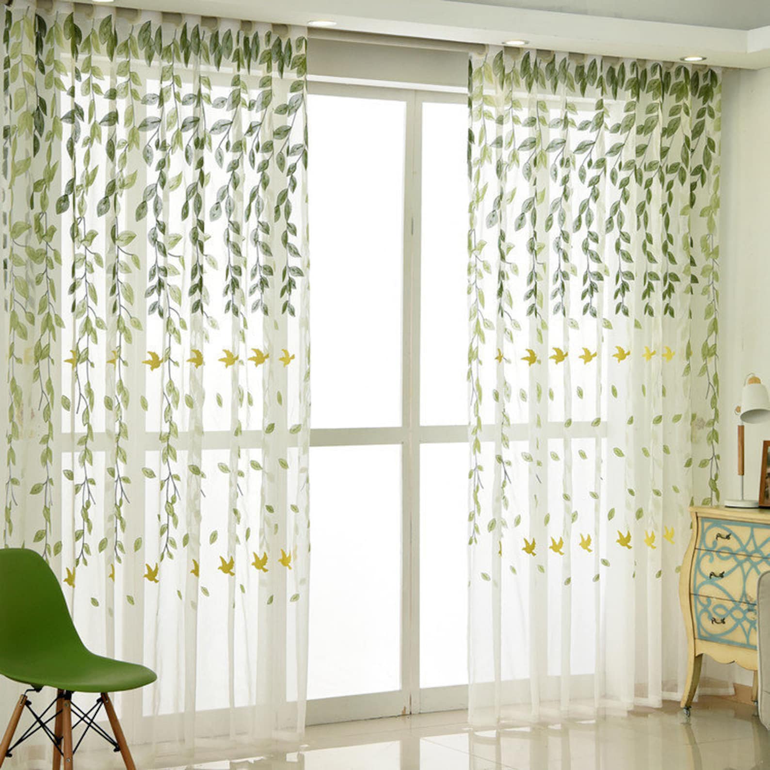 Custom Green Leaves Embroidered Sheer Curtain flying Swallow - Etsy