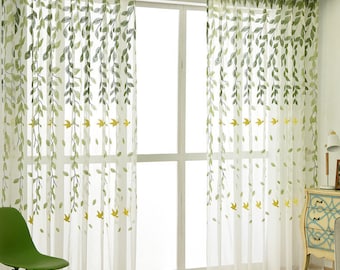 Green Leaves Embroidered Sheer Curtain: Flying Swallow Fabric