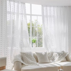 Custom Curtains White Stereo Spotted Pompon Floccule Vertical Stripes Sheer Curtain,Bedroom Curtain,Girls Room, Lace Curtains Cream Fabric