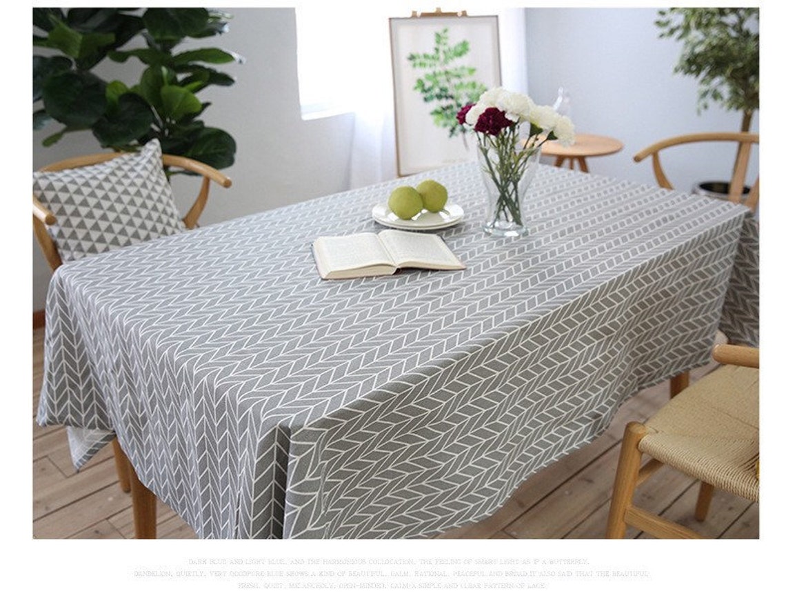 Grey Geometry Printing Linen Tablecloth With Lace Trim Etsy