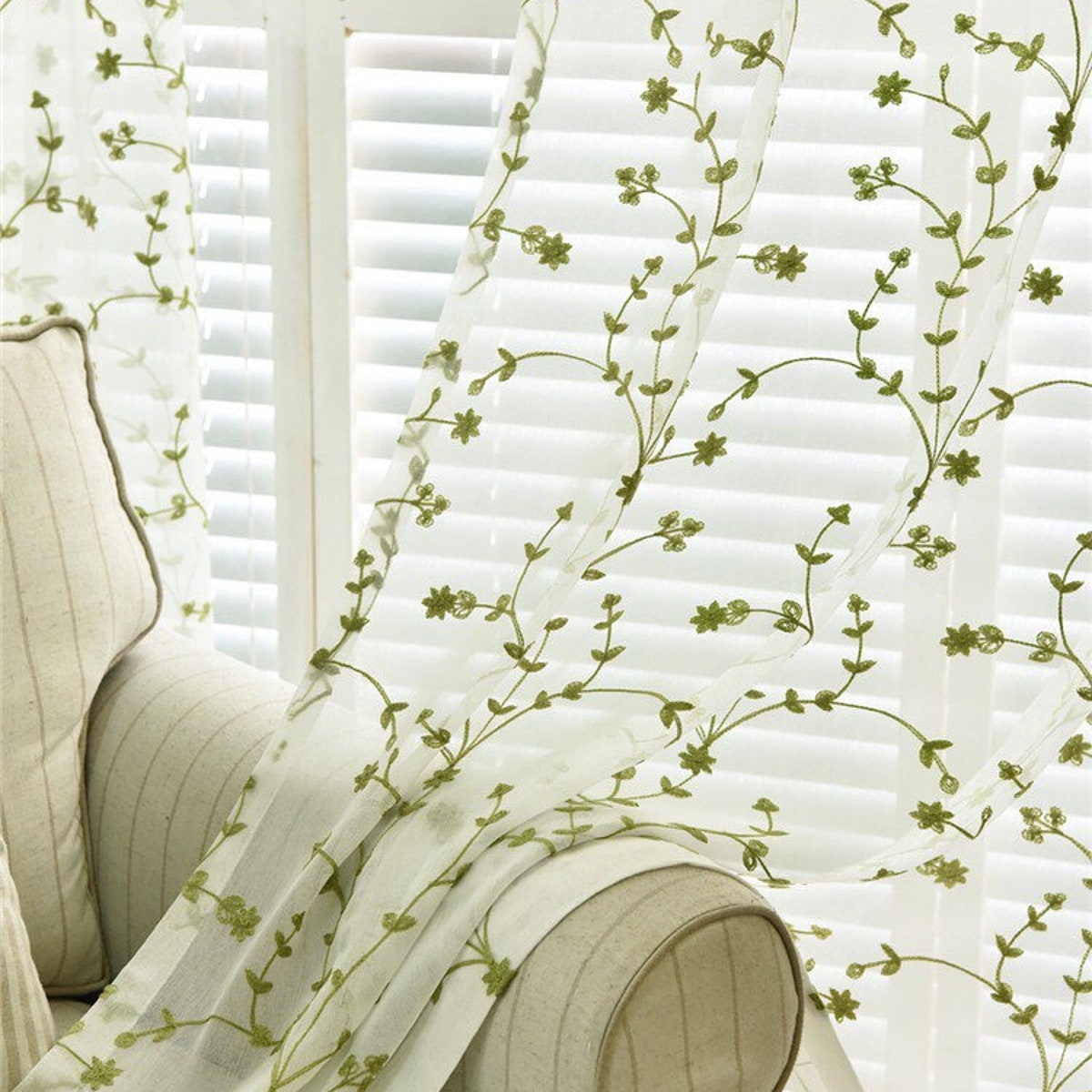 Custom Curtains Green/ivory Floral Branches Embroidered on Lace Sheer Curtain Fabric,custom Sheer Curtain Panels Living Room, Decal - Etsy