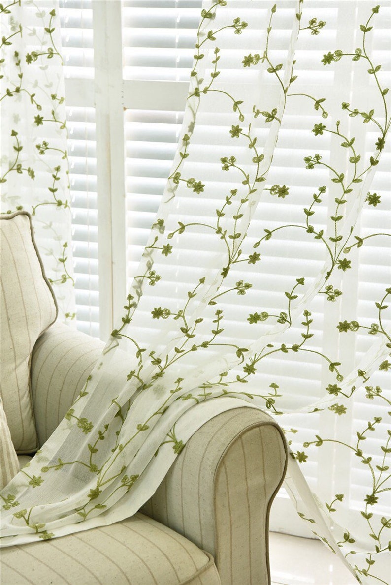 Custom Curtains Green/Ivory Floral Branches Embroidered on Lace Sheer Curtain Fabric,Custom Sheer Curtain Panels Living Room, Decal image 1