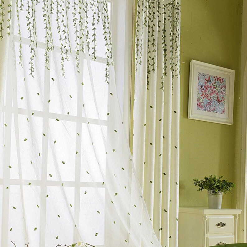 Europe Flying Green Willow Branches Embroidered on White Lace Sheer Curtain Fabric,Sheer Curtains Embroidered,Sheer Curtains