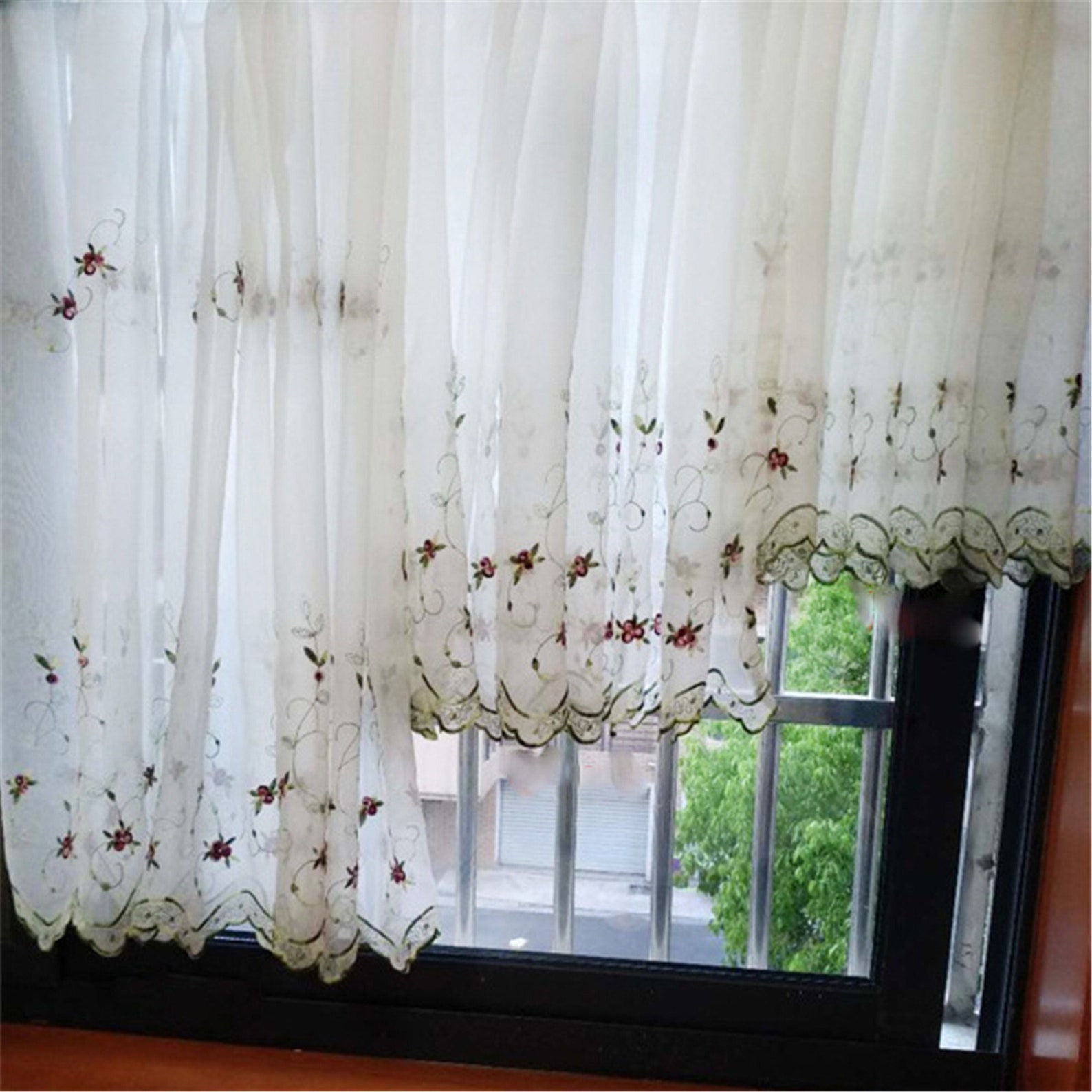 Half Curtain Short Red Roses Embroidered on White Sheer Etsy
