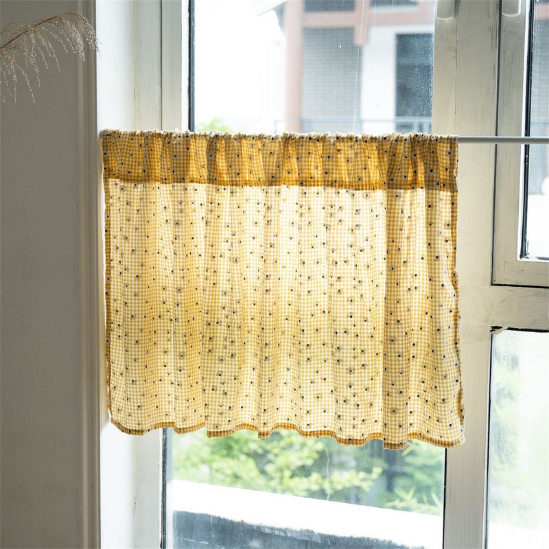 White Cafe Curtain With Black Trim Tie-Back Panels