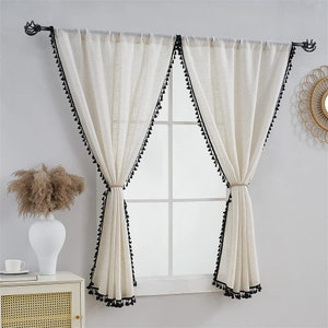 Linen Blend Cafe Curtains: Beige Sheer Tassel Curtains (2 Panels)