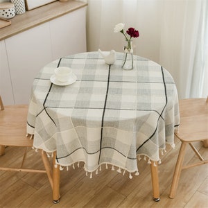 Round Table Cover Bohemia Big Grey Grid Linen Table Cloth Fabric,Grey Tablecloth Mediterranean Style Napkin Cotton Tassels Khaki Checks