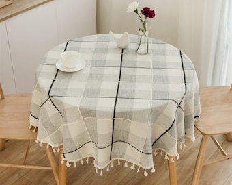 Round Table Cover Bohemia Big Grey Grid Linen Table Cloth Fabric,Grey Tablecloth Mediterranean Style Napkin Cotton Tassels Khaki Checks