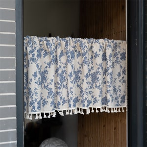 Linen Cafe Curtains: Navy Blue Roses Print, Ivory Tassels (2 Panels)