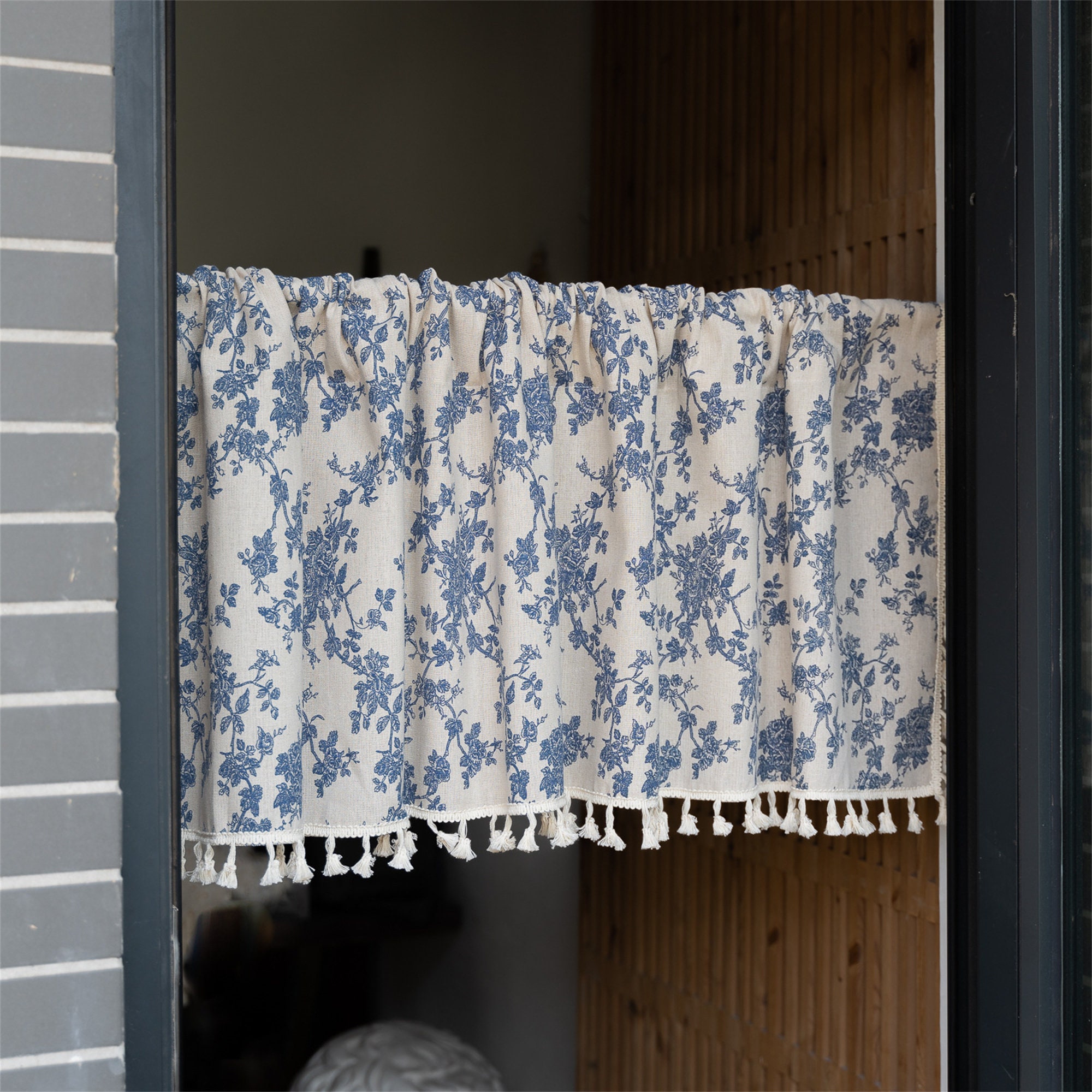 Cortinas de lino para cafetería: Estampado de rosas azul marino y borlas  color marfil (2 paneles) - Etsy México, image size:2000x2000