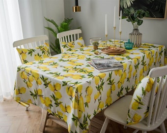 Yellow Lemon Print Linen Tablecloth ,Fruit Table Cloth, Country Kitchen Decor
