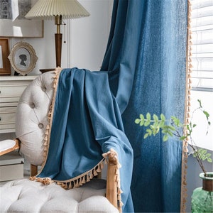 Bohemian Curtains Solid Superior Blue Linen Cotton Semi Blind Curtain Fabric with Khaki Tasssels,Bohemian Wall Decor Bohemian Pattern living