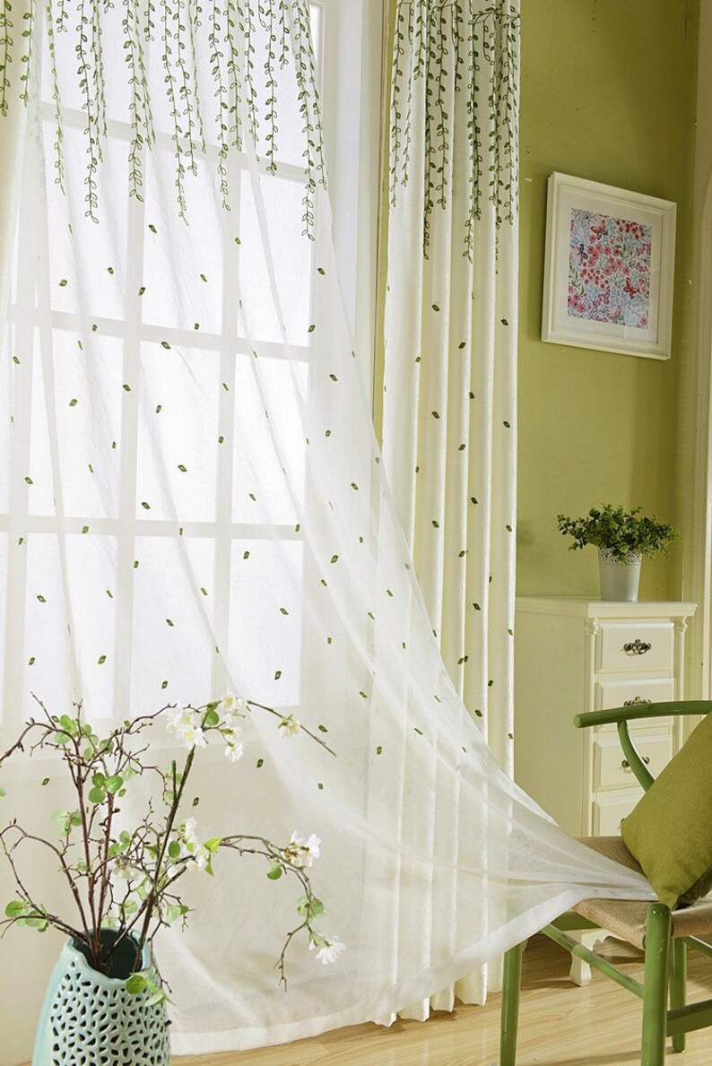Europe Flying Green Willow Branches Embroidered on White Lace Sheer Curtain Fabric,Sheer Curtains Embroidered,Sheer Curtains