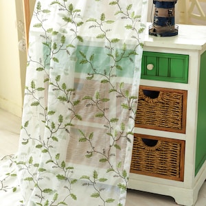 Custom Blue Green Brown Tree Branches Embroidered on Ivory Lace Sheer Curtain Fabric,Sheer Curtains Embroidered,Sheer Curtains for BackDrop