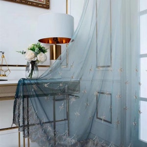 Custom Pair Curtains Quality Retro Blue Gradients Europe Designing Embroidered on Blue Lace Sheer Curtain ,Grey Sheer Curtains Embroidered