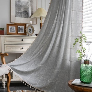 Bohemian Curtains Big Grey Check Jacquard Floral Cross Linen Cotton Semi Blind Curtain Fabric with Beige Tasssels,Bohemian Wall Decorm,Brown