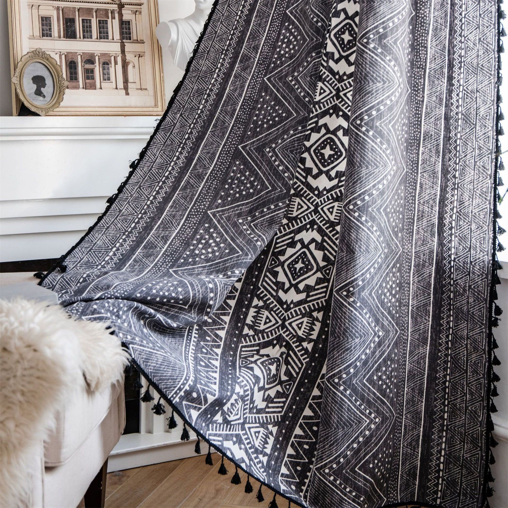 White Geometric Tribe Designing Stripes Printing on Black Linen Cotton Curtain Black Tassels Curtains Blackout,Bedroom Curtains,Living