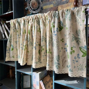 2 Panels Linen Cafe Curtains|Countryside Brown Falling Leaves Green Blue Fruits Drawing Beige Linen Curtain Ivory Lace Trim|Kitchen Curtains
