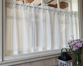 2 Panels Cafe Curtains| White Hollow Flowers Stripes Jacquard Designing Sheer Lace Curtain|Kitchen Curtains,Lace Cafe Curtains,French Style