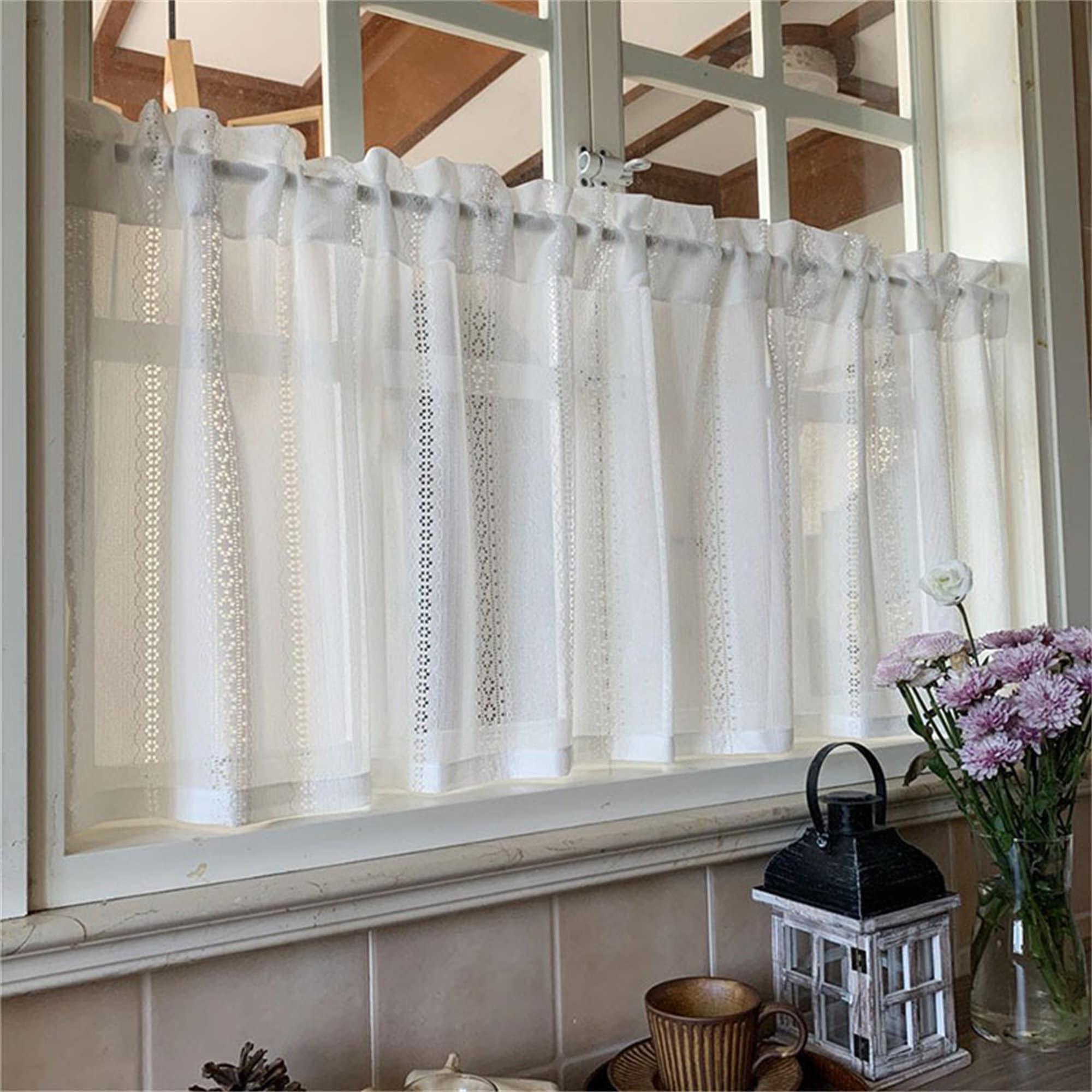 2 Panels Cafe Curtains| White Hollow Flowers Stripes Jacquard Designing Sheer Lace Curtain|Kitchen Curtains,Lace Cafe Curtains,French Style