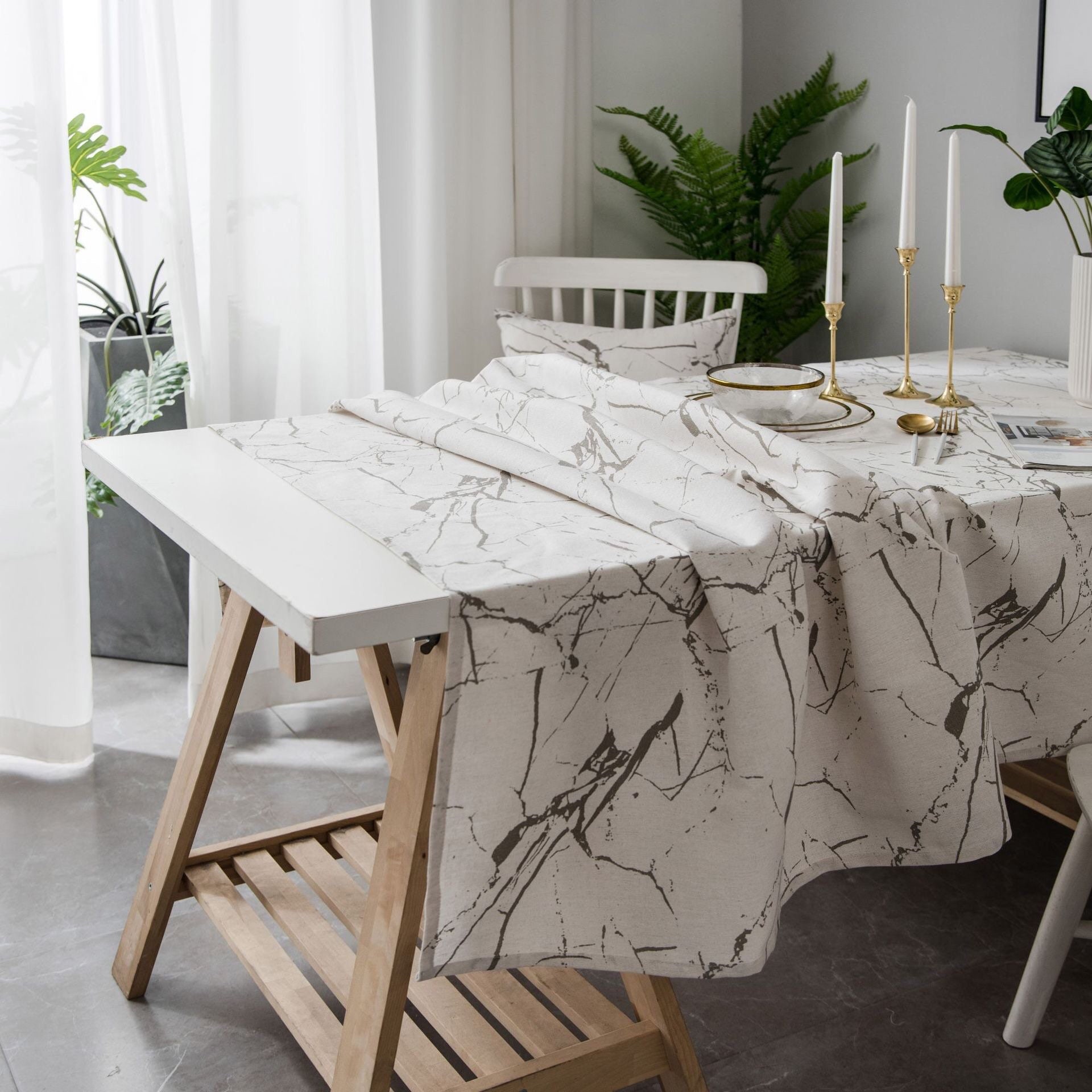 White Marble Pattern Printing Linen Tableclothblack Marble Etsy