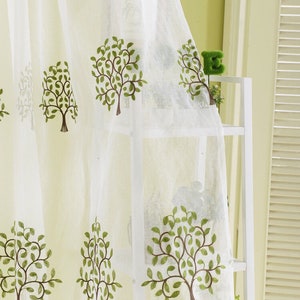 Cotton Green Leaves Trees Forest  Embroidered on white lace Sheer Fabric by Yard,Kitchen curtains and Valance Custom Farmhouse Natural