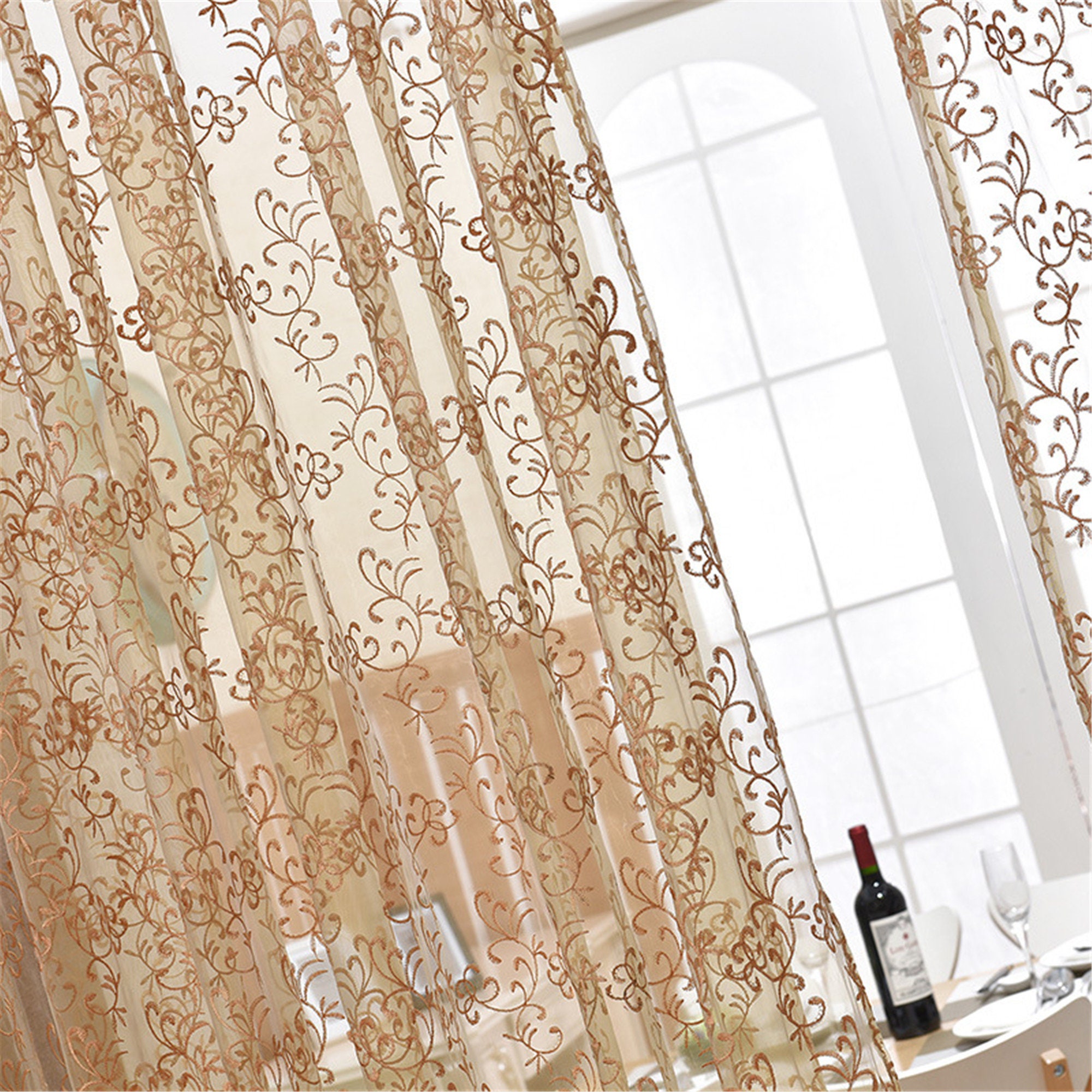 Brown Florals Branches Embroidered on Gold Lace Sheer Curtain Etsy