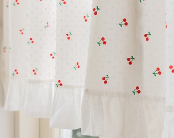 Linen Cafe Curtains (2 Panels) | Red Cherry Embroidery, White Cotton