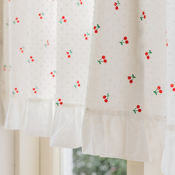 2 Panels Linen Cafe Curtains|Lovely Red Cherries Soft White Spotted Embroidered White Cotton Curtain Ripped Edge Trim |Kitchen Curtains,