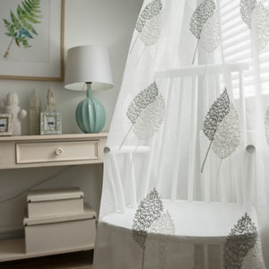 Ivory Grey Dichroic Leaf Embroidered on Lace Sheer Curtain Fabric,Plant BackDrop,Custom Sheer Curtains Country Curtains