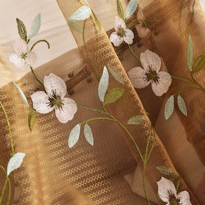 Custom Magnolia Floral Embroidered on Lace Champagne/Brown Sheer Curtain,Sheer Curtains Embroidered,Sheer Curtains for BackDrop