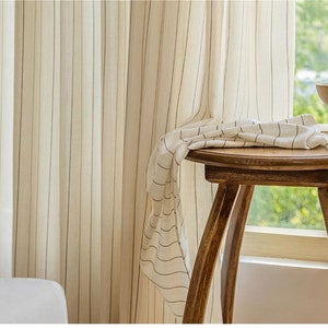 Custom Nature Brown White Vertical Stripes Lines Jacquard Cotton Line Sheer Curtain ,Natural Linen Curtains,Living Room,Countryside